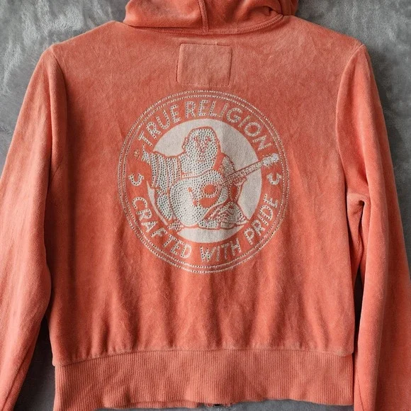 True Religion Velour Jacket Womens Medium Zip Hooded Cropped Crystal Rhinestones - Picture 4 of 9